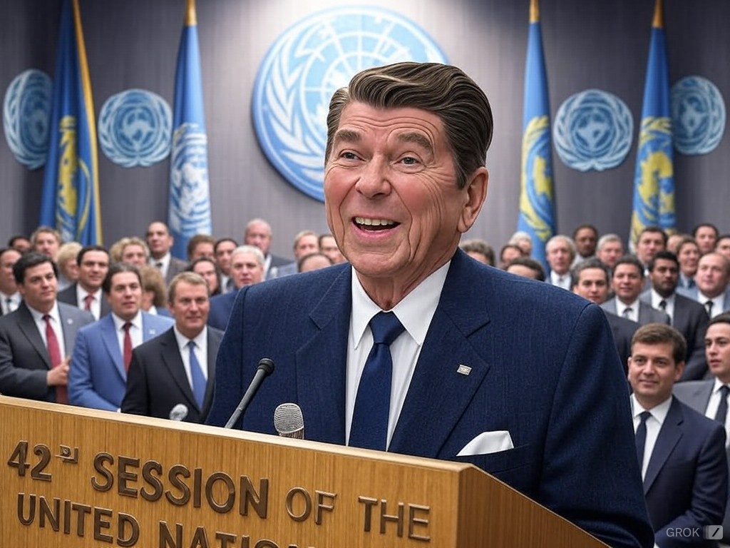 Cartoon of Ronald Reagan giving a speech to the United Nations